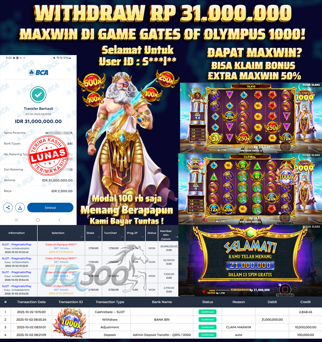 UG300 BERMAIN DI GATES OF OLYMPUS 1000 MAXWIN  Rp.31,000,000- DI BAYAR TUNTAS